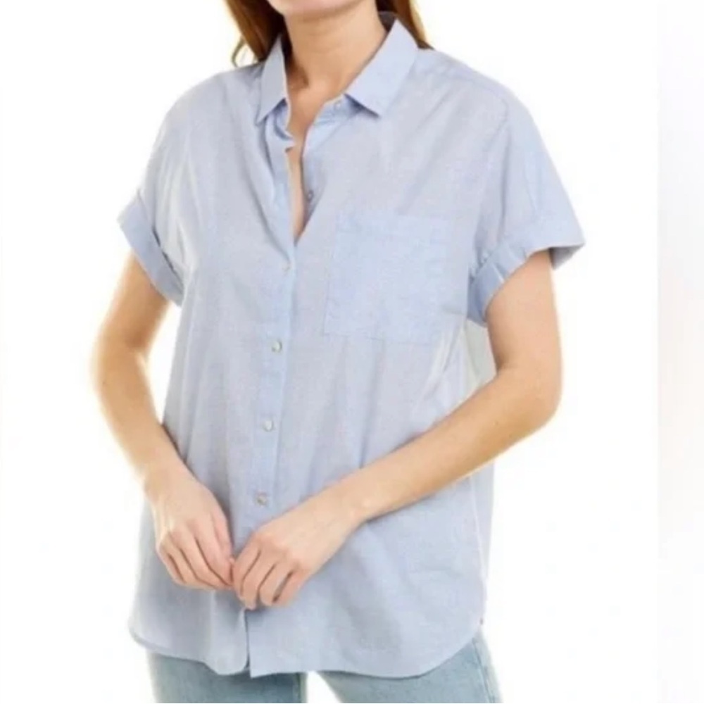 LOLA RIVER Women's Light Blue short sleeve Button-Up Shirt linen blend